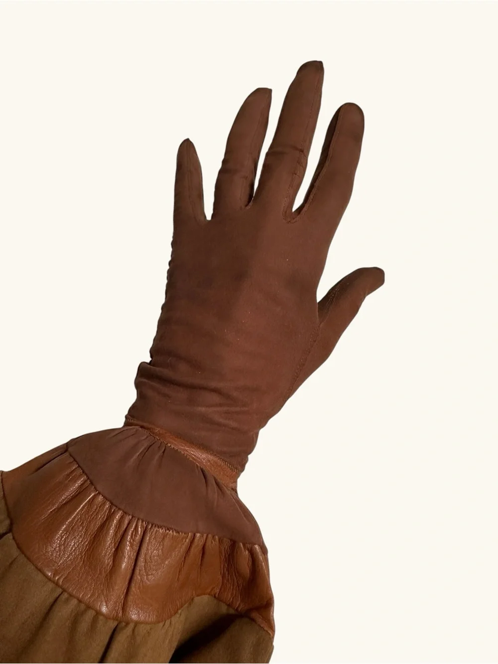Vintage Long Brown Suede Gloves with Flared Cuffs